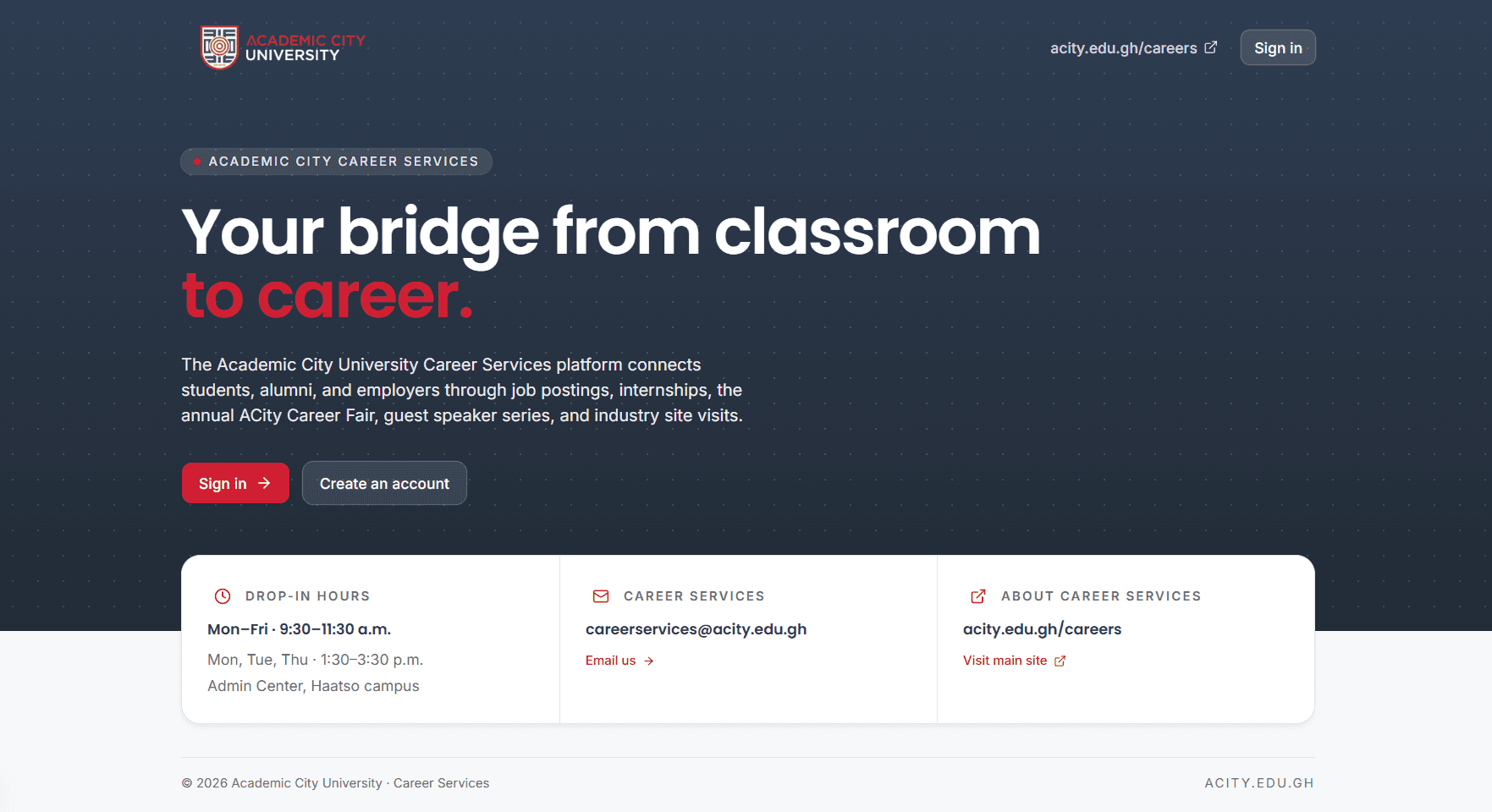 Academic City Career Services platform landing page